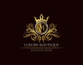 Luxury Boutique M Letter Logo, Circle Gold Crown M Classic Bagde Design