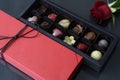 Luxury box of handmade chocolates with rose. Gift concep. Royalty Free Stock Photo