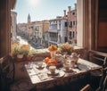 Luxury breakfast on balcony, with a beautiful city landscape in the background. Generative Ai