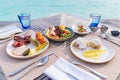 Luxury breakfast food on wooden table.