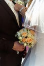 luxury bride putting on boutonniere on groom suit at wedding ceremony. Royalty Free Stock Photo