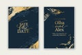 Luxury brochure, cover, wadding card template with geometric frame. Blue and gold marble texture.