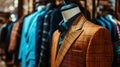 luxury brown checkered jacket on a mannequin in a store, banner, copy space