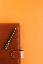 Luxury business brown brief-case on the office table desk, flatlay