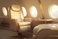 Luxury business jet plane airplane private jet empty interior during flight fast bright luxurious seat leather chair Royalty Free Stock Photo