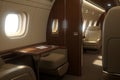 Luxury business jet plane airplane private jet empty interior during flight fast bright luxurious seat leather chair Royalty Free Stock Photo