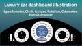 Luxury car dashboard illustration - gauges, speedometer, clock, temperature, gas level, odometer indicators, flat design, Royalty Free Stock Photo