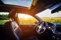 Luxury car inside interior. Steering wheel, shift lever, leather salon, dashboard and panoramic roof. crossover SUV in the Royalty Free Stock Photo