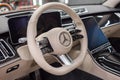 Luxury car Mercedes Benz S500 S class w223 interior dashboard with steering wheel.