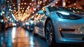 Luxury car parked on city street at night, detail of modern shiny vehicle, urban reflections and bokeh lights background. Concept Royalty Free Stock Photo