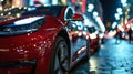 Luxury car parked at store at night, detail of modern shiny red vehicle on city street. Urban reflections and lights background.