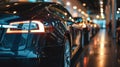 Luxury car parked at store at night, modern shiny vehicle near building window on city street. Urban reflections and neon lights