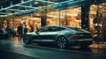 Luxury car parked at store at night, modern shiny vehicle near building window on city street. Urban reflections and neon lights