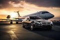 Luxury car and private jet on the runway. Business class service at the airport. Generative AI Royalty Free Stock Photo