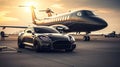 Luxury car and private jet on the runway. Business class service at the airport. Generative AI Royalty Free Stock Photo