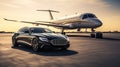 Luxury car and private jet on the runway. Business class service at the airport. Generative AI Royalty Free Stock Photo