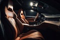 luxury car, with sleek and modern design, showcasing fine leather seats and ambient lighting