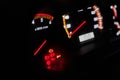 Luxury car speedometer close up. Speedometer arrows in dark colors.