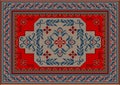 Luxury carpet of red, gray and blue shades with a central ornament of curved branches with leaves