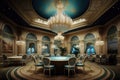 luxury casino with elegant decor, fine art, and crystal chandeliers