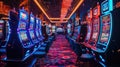 Opulent Casino Interior with Neon Lights and Slot Machines. Royalty Free Stock Photo