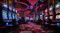 Opulent Casino Interior with Neon Lights and Slot Machines.