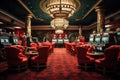 Luxury casino interior with red seats and casino roulette table, Classic vintage american las vegas casino interior, AI Generated