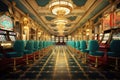 Luxury casino interior with slot machines, 3d render. Classic vintage american las vegas casino interior, AI Generated