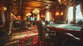 Luxury casino interior with tables and chairs. Vintage toned