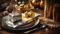 Luxury celebration Ornate table, shiny gift, gourmet food generated by AI