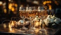 Luxury celebration wine, champagne, glass, table, night, elegance generated by AI