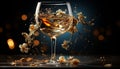 Luxury celebration wineglass, whiskey, champagne, crystal, gold, illuminated table generated by AI