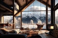 luxury chalet, with breathtaking views of snowy mountains and majestic forests