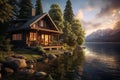 Luxury chalet on the lake at sunset. House by the river at the foot of the mountains