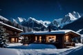 A luxury chalet in the Swiss Alps, with a private outdoor tub overlooking a snow-covered mountain range and starry night sky Royalty Free Stock Photo