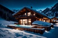 A luxury chalet in the Swiss Alps, with a private outdoor tub overlooking a snow-covered mountain range and starry night sky Royalty Free Stock Photo