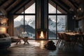 luxury chalet with view of the snowy mountains, wooden interior, and cozy fireplace