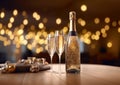 Luxury champagne bottle with glasses on table in fancy restaurant.Macro.AI Generative