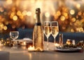 Luxury champagne bottle with glasses on table in fancy restaurant.Macro.AI Generative