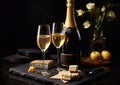Luxury champagne glasses and bottle with cheese on black stone board.Macro.AI Generative