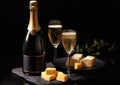 Luxury champagne glasses and bottle with cheese on black stone board.Macro.AI Generative