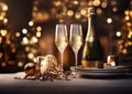 Luxury champagne glasses for in fine dining restaurant evening on holiday.Macro.AI Generative