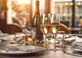 Luxury champagne glasses for in fine dining restaurant for romantic lunch.Macro.AI Generative