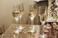 Luxury champagne glasses on table in restaurant close-up, elegant business reception party, corporate dinner party