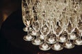 Luxury champagne glasses on table in restaurant close-up, elegant business reception party, corporate dinner party