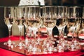 Luxury champagne glasses on table in restaurant close-up, elegant business reception party, corporate dinner party