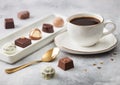 Luxury Chocolate candies in white porcelain plate with cup of black coffee and golden spoon on light table background Royalty Free Stock Photo