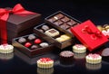 Luxury chocolates in a heart-shaped gift box and red roses, for Valentine\'s Day, copy space, Royalty Free Stock Photo