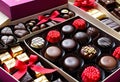 Luxury chocolates in a heart-shaped gift box and red roses, for Valentine\'s Day, copy space, Royalty Free Stock Photo