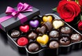 Luxury chocolates in a heart-shaped gift box and red roses, for Valentine\'s Day, copy space, Royalty Free Stock Photo